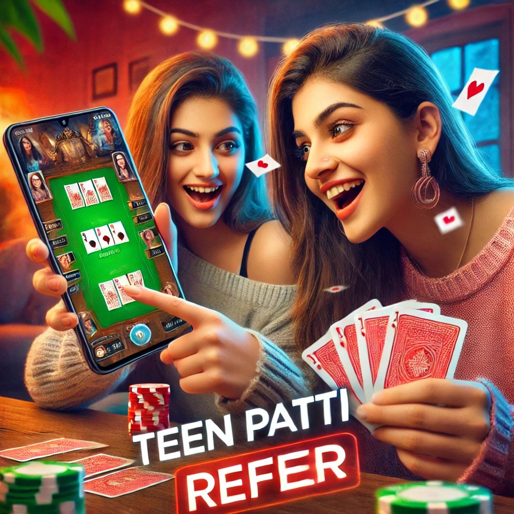 create image on Teen Patti Refer and show text as "Teen Patti Refer" and show girls playing card game in mobile and referring it to her friend to play 