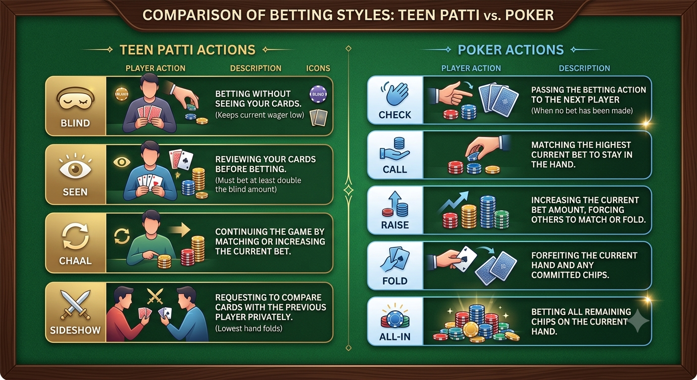 Teen Patti and Poker betting options comparison
