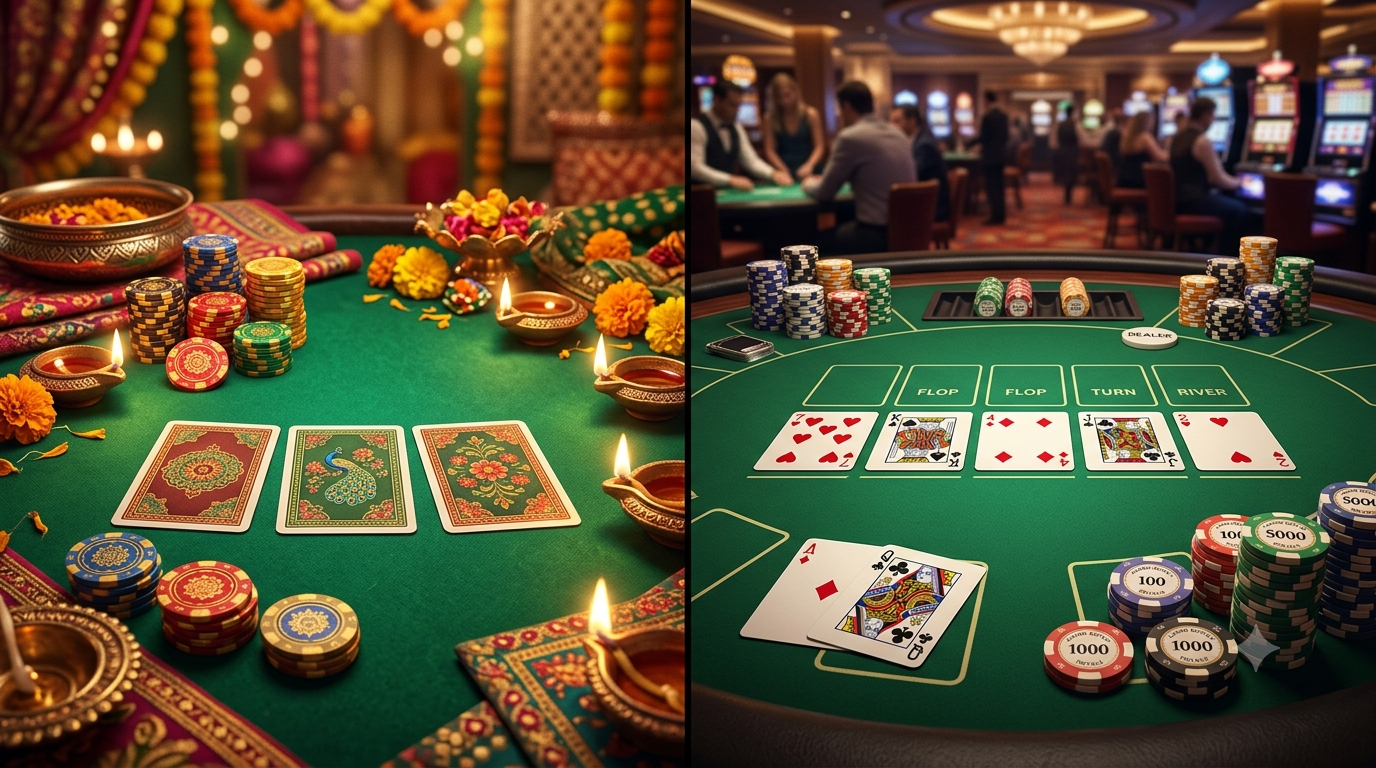Teen Patti vs Poker comparison showing Indian Flush and Texas Hold'em gameplay