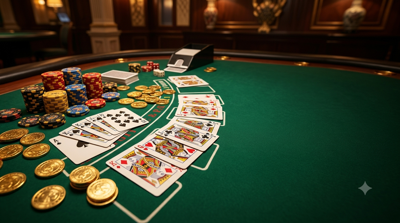 Teen Patti and Poker cards with casino chips on a green gaming table