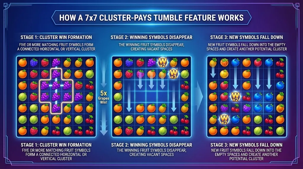 Fruit Party 2 tumble feature showing fruit clusters disappearing and new symbols falling into place