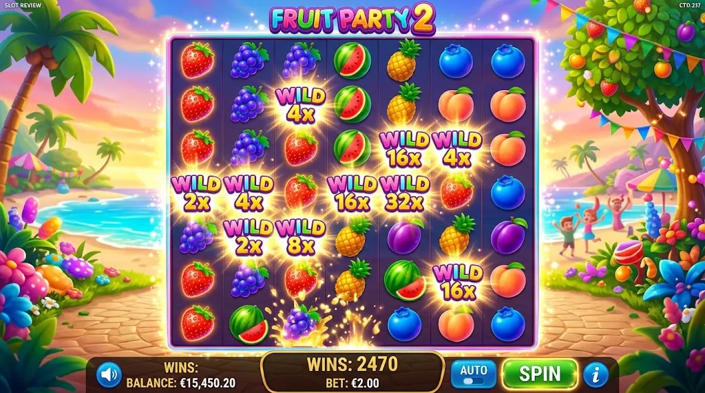 Fruit Party 2 slot featuring a colourful 7x7 fruit grid with tumbling symbols and multiplier wilds