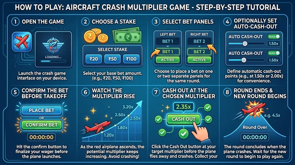 Step-by-step Aviator gameplay showing bet placement, multiplier rise and cash-out