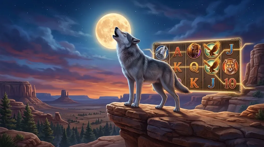 Wolf Gold slot review featuring a howling wolf, canyon landscape and 5x3 slot reel