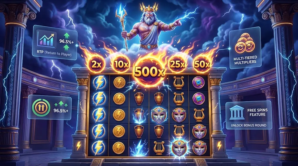 Gates of Olympus RTP, multiplier orbs and free spins concept with a Greek mythology themed slot grid
