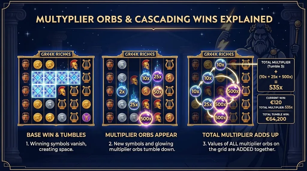Gates of Olympus multiplier orbs on a 6x5 slot grid showing different multiplier values