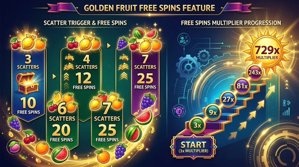 Fruit Party 2 free spins showing scatter requirements, free-spin awards and 3x to 729x multipliers