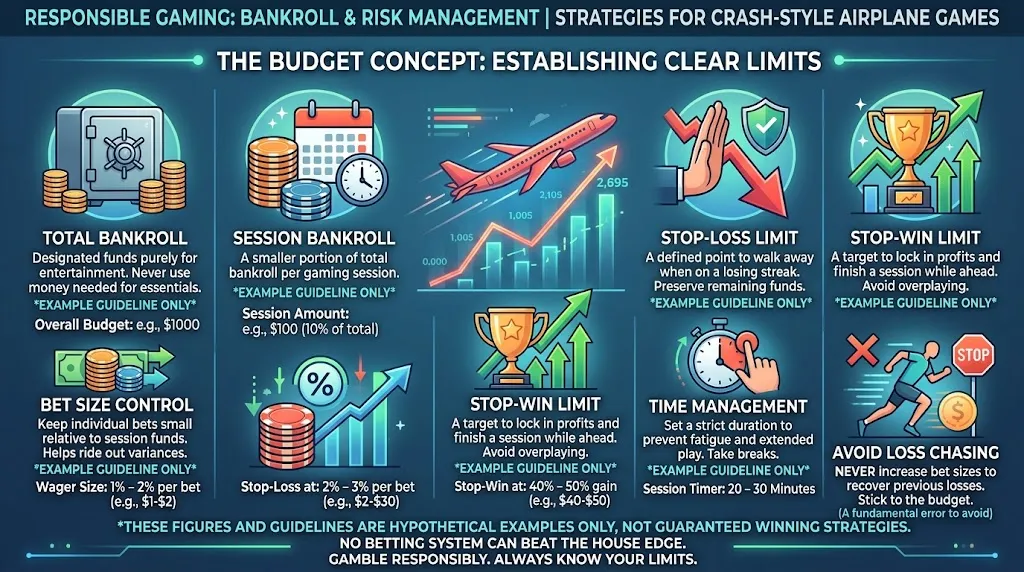 Aviator risk management infographic showing bankroll limits, stop-loss and session time controls