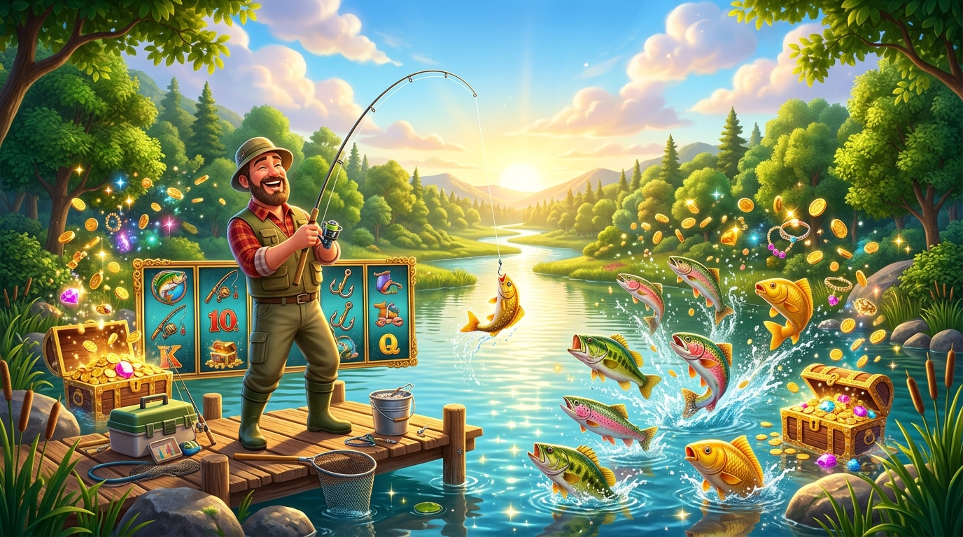 Fishing-themed online slot illustration with a fisherman beside a peaceful lake Big Bass Bonanza