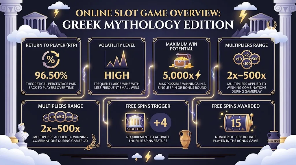 Gates of Olympus key features including RTP, volatility, maximum win, multipliers and free spins