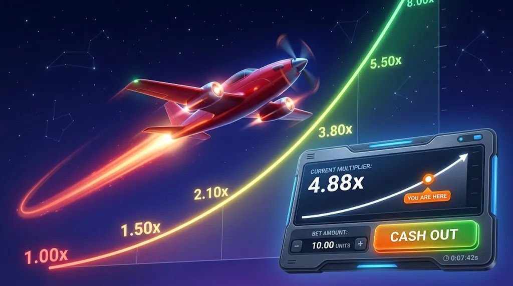 Aviator game guide showing a rising aircraft, multiplier and cash-out concept
