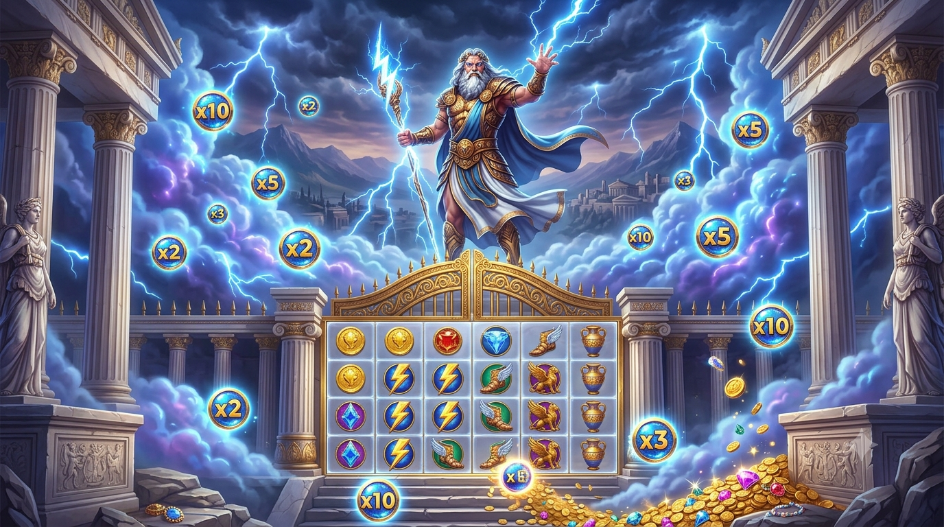 Greek mythology-inspired slot illustration featuring a sky god, temple gates, and magical multipliers Gates of Olympus