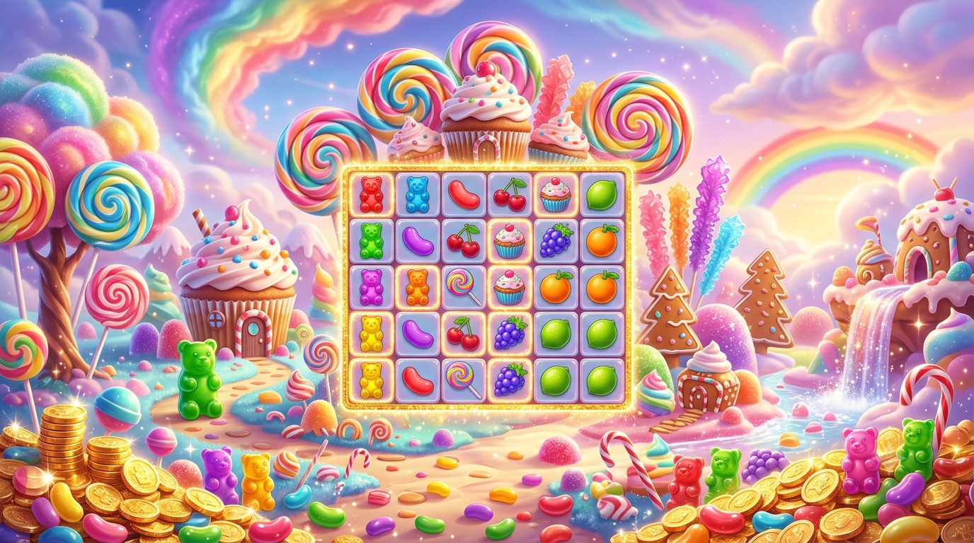 Colorful candy-themed slot illustration with fruits, sweets, and a magical game grid Sweet Bonanza