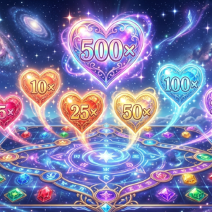 Fantasy heart multiplier symbols ranging from 2x to 500x