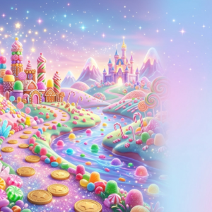 Colorful candy-themed banner inspired by a cluster slot adventure