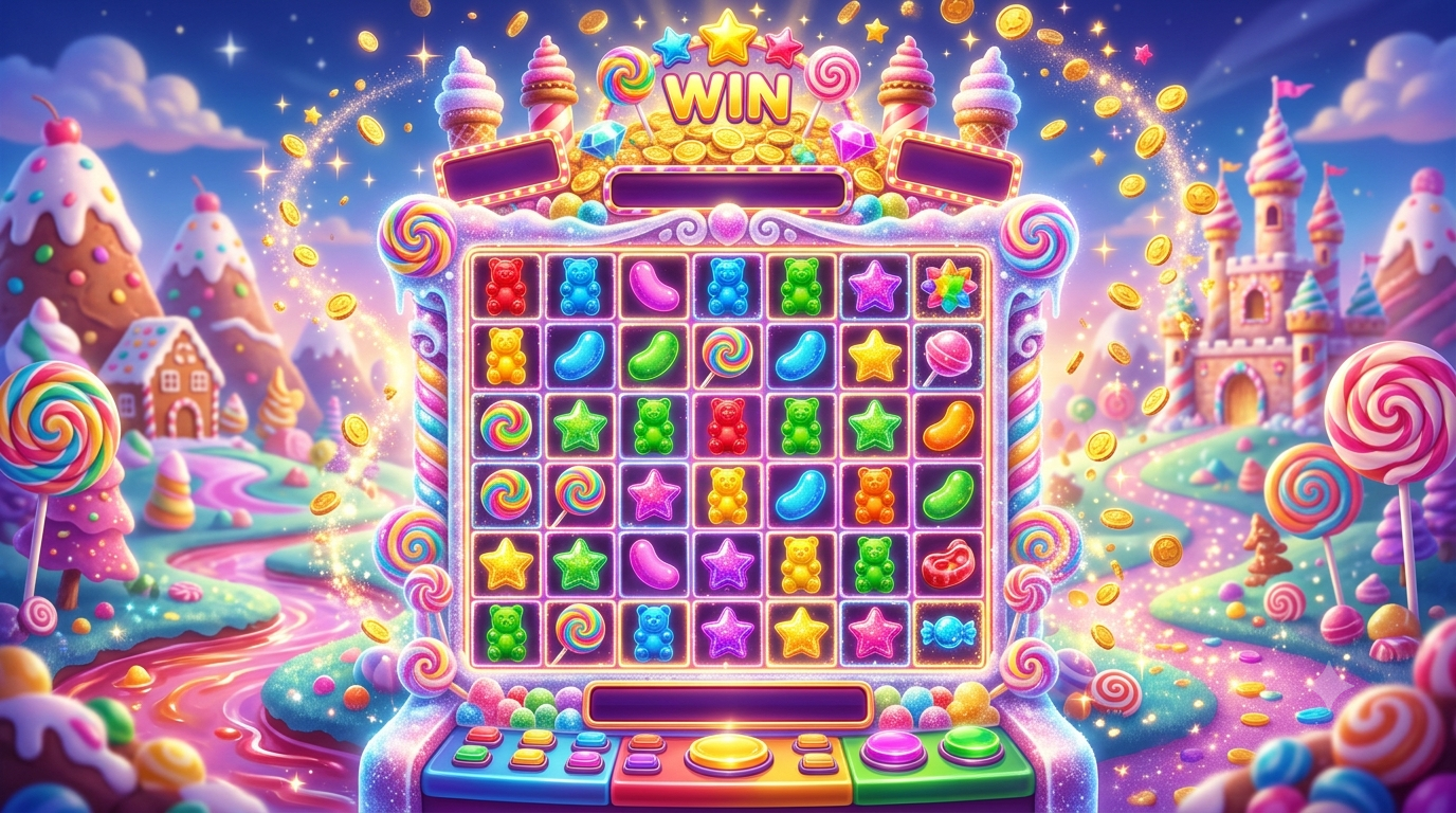 Colorful candy-themed slot game illustration inspired by Sugar Rush mechanics