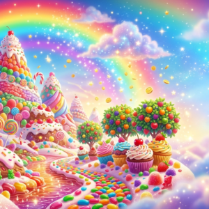 Fantasy candy landscape inspired by a colorful online slot game