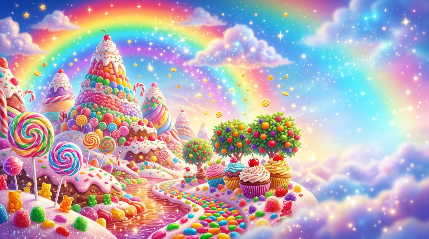 Fantasy candy landscape inspired by a colorful online slot game