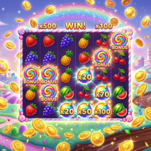 Candy-themed free spins bonus featuring lollipop scatters and multiplier bombs