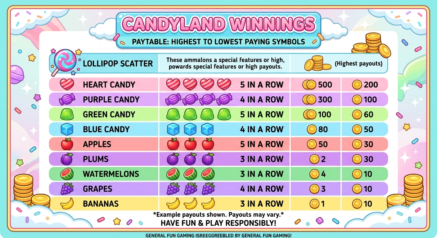 Infographic showing fruit, candy, and scatter symbols in a candy-themed slot game