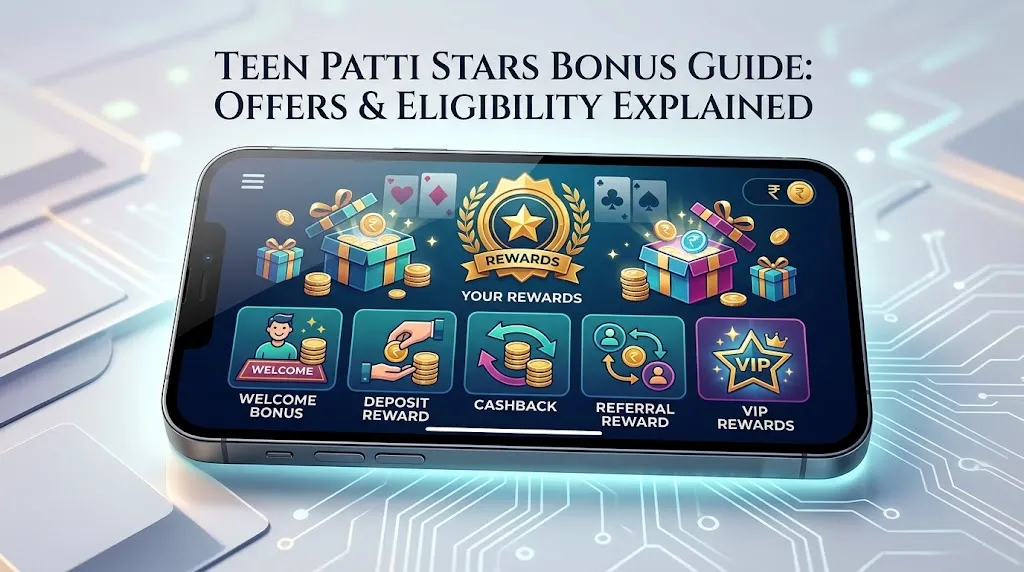 Teen Patti Stars bonus guide showing welcome, deposit, cashback, referral and VIP rewards