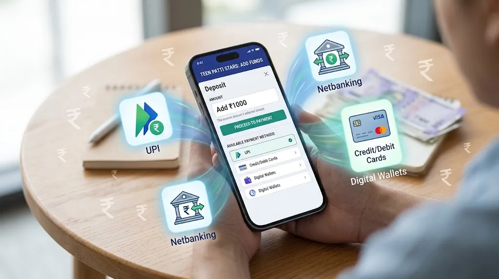 Teen Patti Stars deposit guide showing UPI, wallets, cards and bank transfer payment options in India