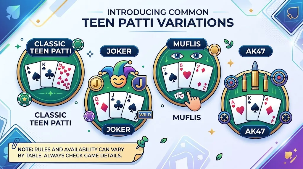 Teen Patti variations including Classic, Joker, Muflis and AK47 gameplay