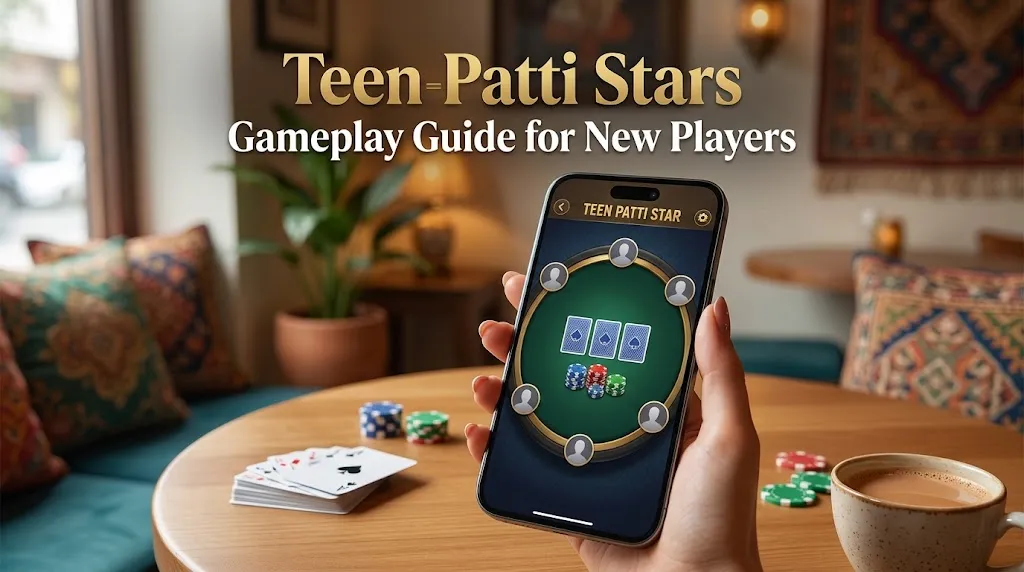 Teen Patti Stars gameplay guide showing a beginner-friendly three-card game table