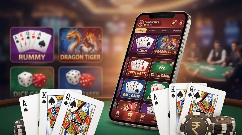 Teen Patti Stars games guide showing Teen Patti, Rummy, Dragon Tiger and other game categories