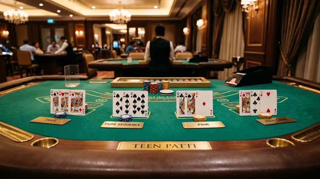 Teen Patti casino table showing cards and common game terms