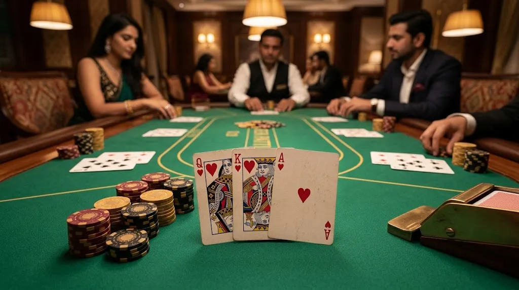 Teen Patti casino table showing three-card hand combinations