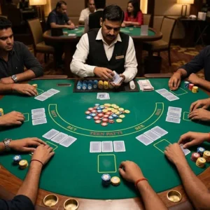 Teen Patti Muflis round with cards, players and betting chips