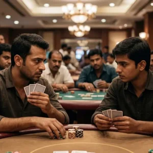 Teen Patti player deciding between blind and seen strategies