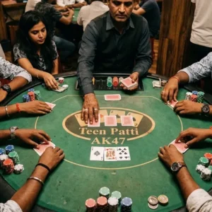 Teen Patti AK47 gameplay with three-card hands and betting chips