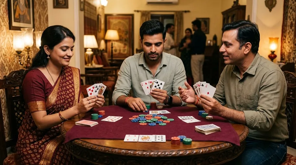 Teen Patti casino rules explained with players at a card table