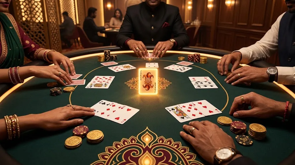 Teen Patti casino joker rules with a wild joker card on the table