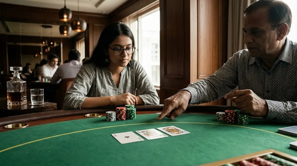 Teen Patti casino strategy for beginners at a card table