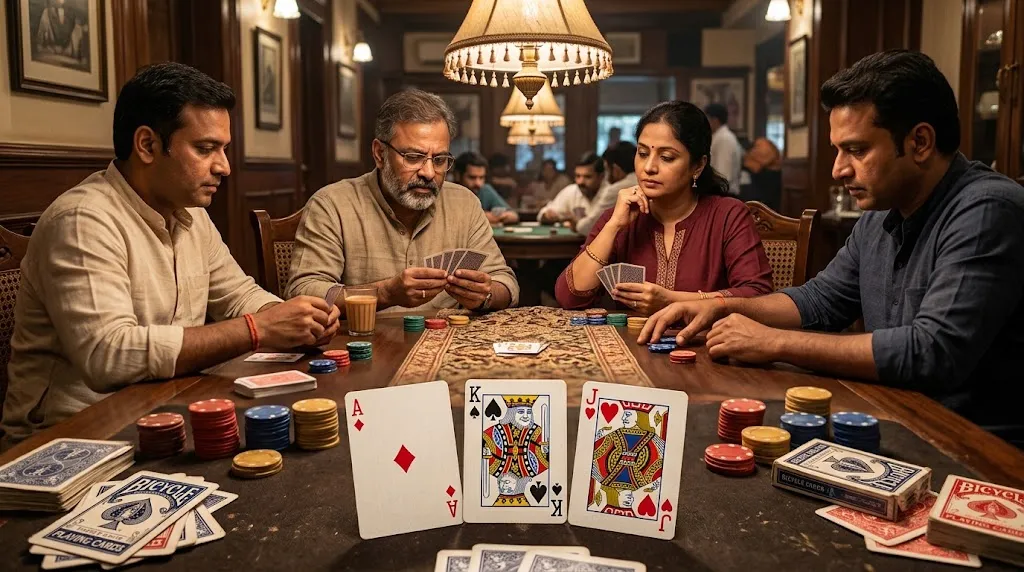 Teen Patti casino sequence list with three-card hands on a table