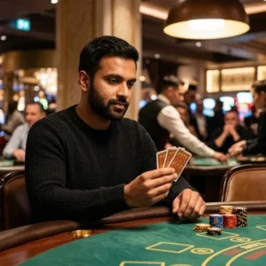 Player evaluating hand strength during a Teen Patti game