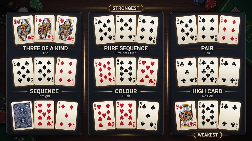Teen Patti hand ranking examples from trail to high card