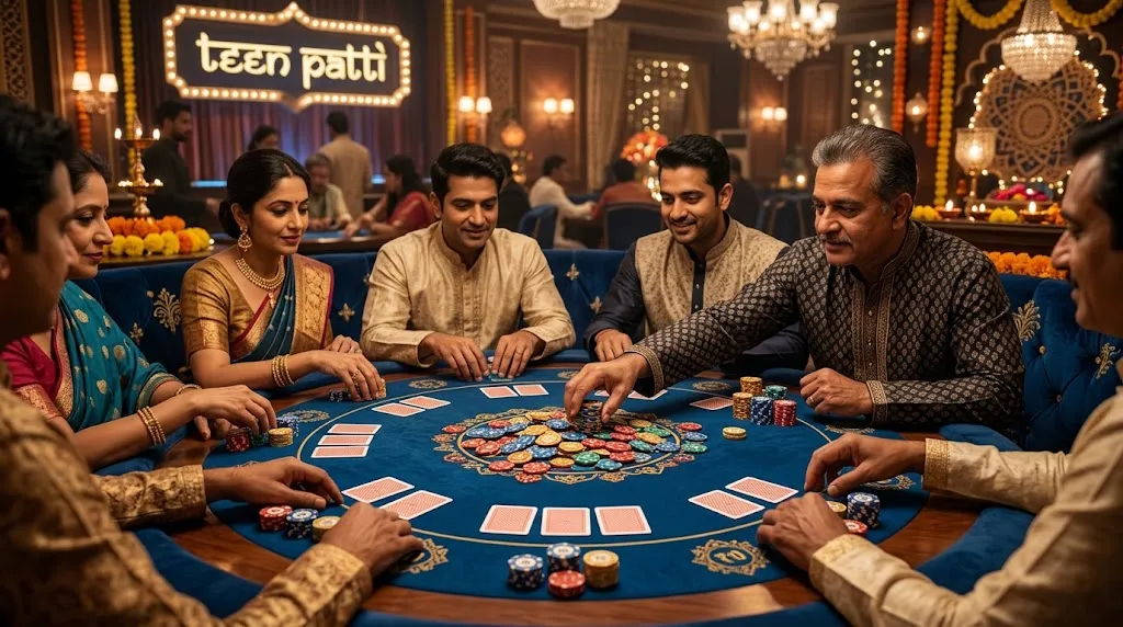 Teen Patti casino betting rounds with players placing chips around the table