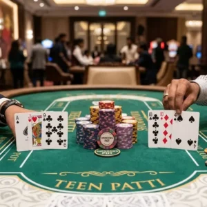 Teen Patti showdown with cards chips and central pot