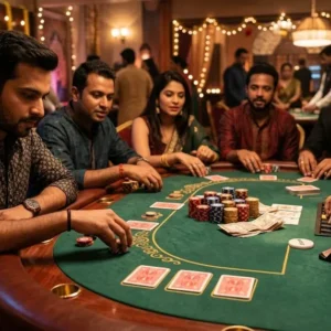 Teen Patti casino gameplay at an active three-card table
