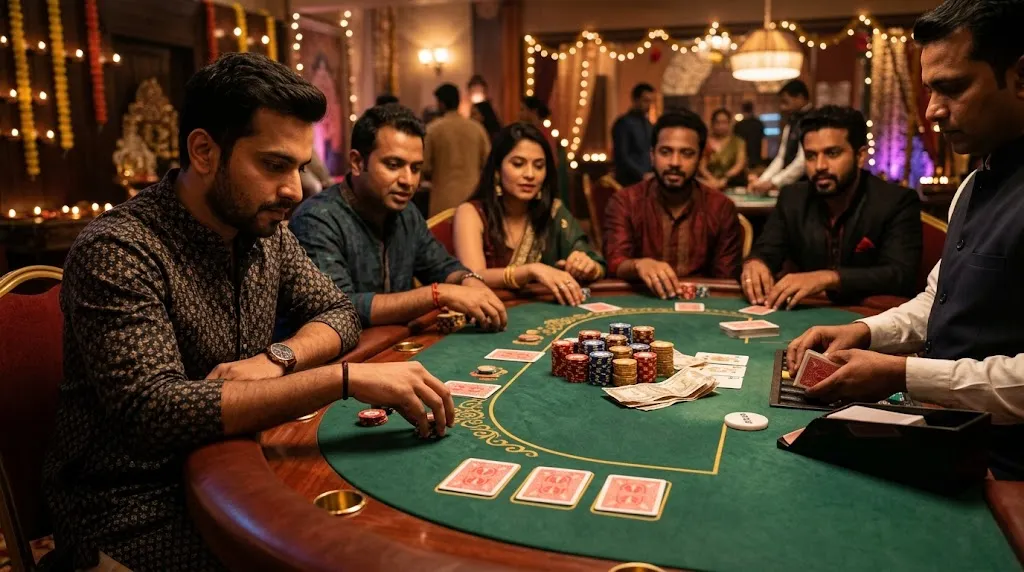 Teen Patti casino gameplay at an active three-card table
