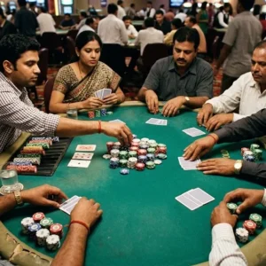 Teen Patti betting round with chips in the central pot