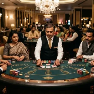 Live Teen Patti casino table with dealer and respectful players