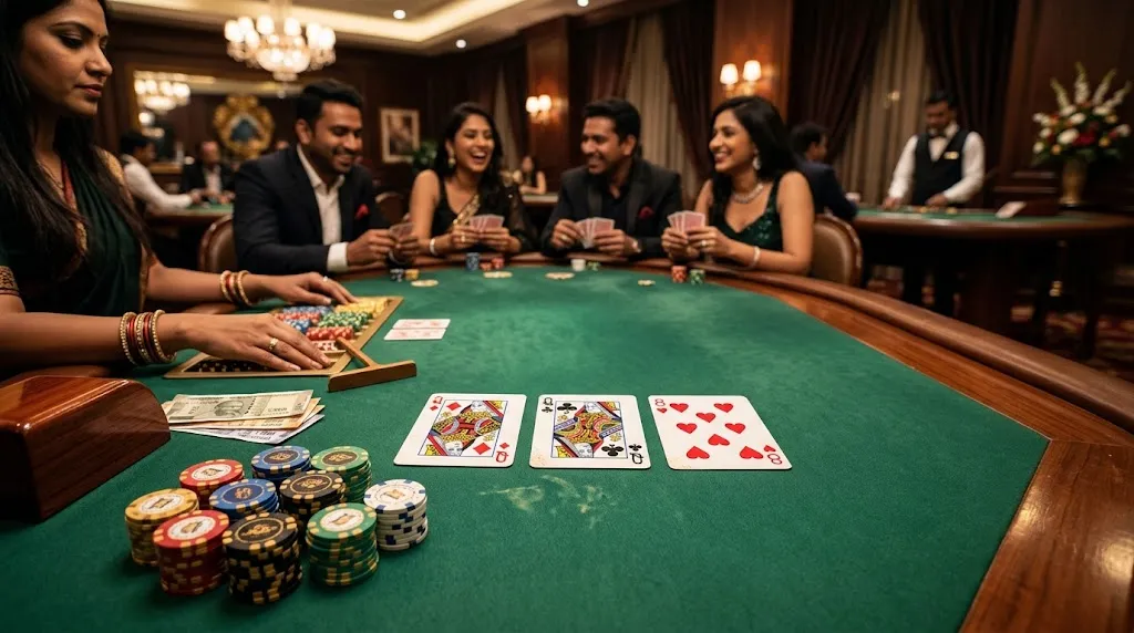 Teen Patti casino table showing three-card hands and casino chips