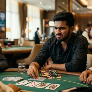 Teen Patti player distracted during a card game