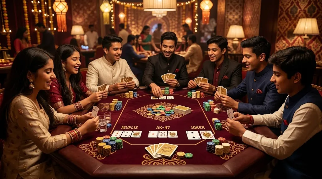 Popular Teen Patti casino variations played on an Indian card table
