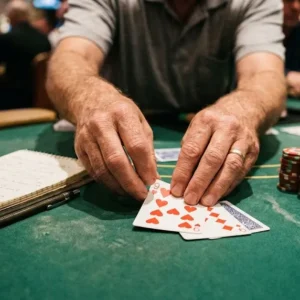 Player calculating Teen Patti Casino 999 card totals beside chips and playing cards